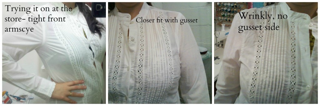 white buttondown progress with gussets