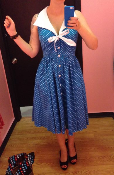 Next I tried the same polka dot dress in teal, and it actually fit quite a bit better even though itâ€™s the same size.