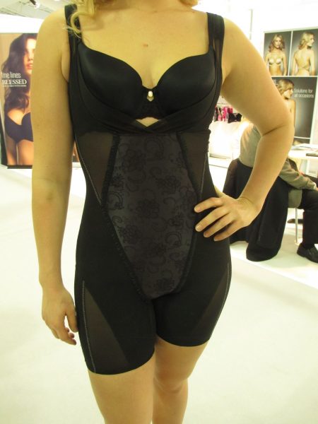 Note the flattening tummy panel, layered under-boob fabric to pull your bust in, and diagonal seams.