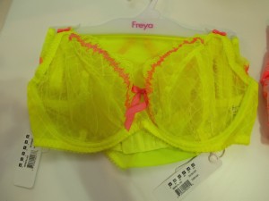 Neon yellow Heartbeat, so named because the pink stitching looks like a heart monitor. Sizes 32–36C, 28–38 D–J.