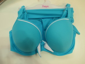 The Freya Deco bikini in new Aquamarine. Freya has also introduced a Deco molded tankini and molded one-piece swimsuit. Bikini and tankini sizes 32–38 B/C, 28–38 D–G, 28–36 GG; swimsuit 30–38 C–G, 30–36GG.