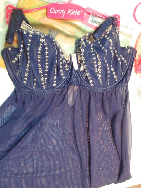 Belle is a new babydoll in navy with golden embroidery, available in a huge range of sizes. (29-40 D-K)