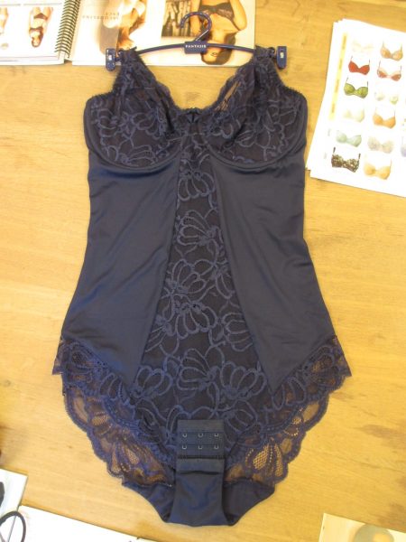 It might look black here, but the Jacqueline Lace body is actually NAVY. The fabric felt super silky and slinky. Also note the adjustable length with the hooks and eyes in the crotch (though going to the restroom might be a serious struggle!). (Starting at 30, up to GG)