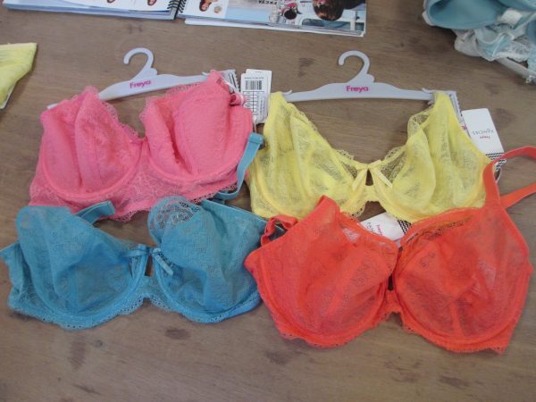 The new Freya Fancies come in the most amazing candy colors this season! Clockwise from upper right: “Lemon Sorbet,” “Hot Coral,” “Reef Blue,” and “Candy.” Available in a plunge bra (starts at 28, up to G), bralette (XS-XL), longline bra (starts at 28, up to H), and chemise (XS-XL).